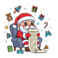 Jolly Santa Claus reviewing his extensive holiday wish list surrounded by festive toys and festive treats during Christmas preparation