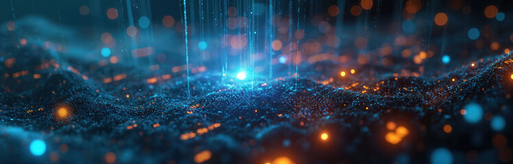 Abstract digital network flow with glowing particles. Data streams connect through a dark cyber landscape. Futuristic big data visualization shows information transfer.