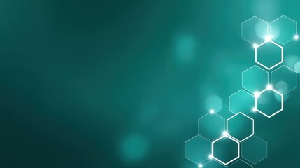 Abstract teal background with glowing hexagons and soft bokeh, suitable for technology, science, and medical themes in stock photos
