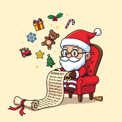 Santa Claus reviewing his extensive Christmas wishlist while surrounded by festive holiday symbols and toys