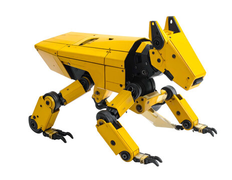 Yellow mechanical quadruped robot with angular, articulated limbs