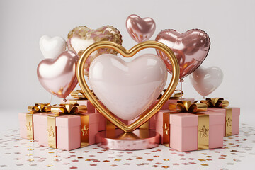 Pink and gold heart balloons and gifts for valentines day celebration