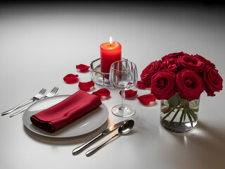 Romantic table setting with red roses and candlelight