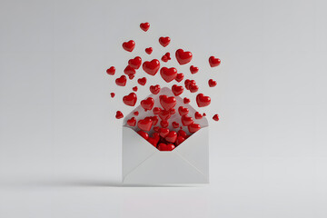An envelope with red hearts spilling out on white background