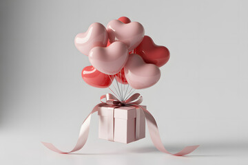 Pink and red heart shaped balloons tied to a gift box with ribbon