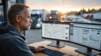 Logistics manager monitoring fleet operations on dual screens at sunset near a truck depot, focusing on route planning, fleet tracking and transportation management.