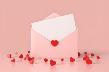 Pink envelope with white paper and red heart on pink background