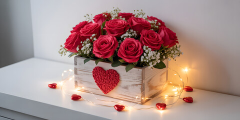 Beautiful bouquet of roses in a wooden box with heart