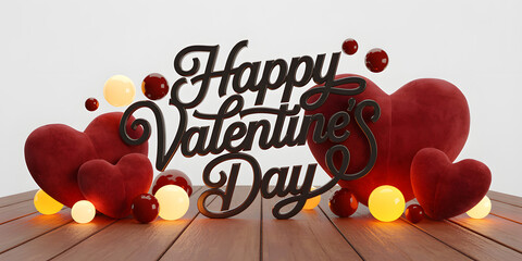 Happy valentines day sign with red hearts and lights on wood