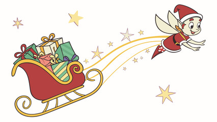 Naklejka premium Cartoon illustration of Santa Claus flying with a sleigh full of gifts.
