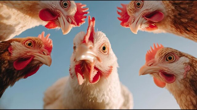 Curious chickens looking down at camera in a circle against blue sky, humorous farm animal perspective