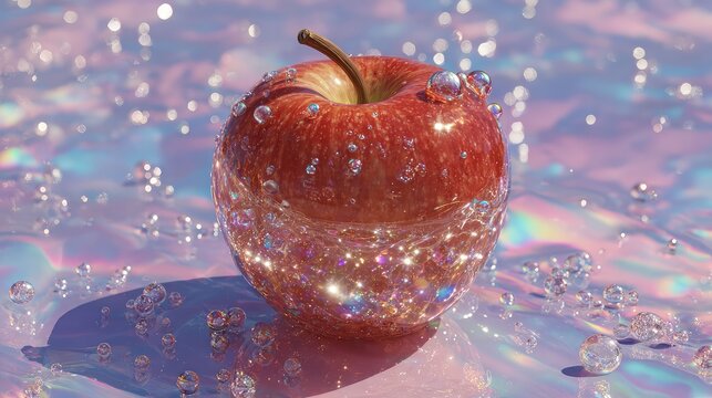 Fresh Red Apple with Water Droplets on Sparkling Background