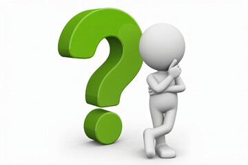 3D Stickman Figure with Green Question Mark, Problem Solving and Inquiry Concept, Business Challenge Graphic, White Stick Figure Thinking, Large Green Question Mark.