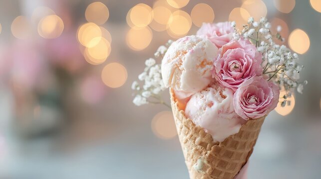 Floral Ice Cream Cone with Pink Roses and Bokeh Lights