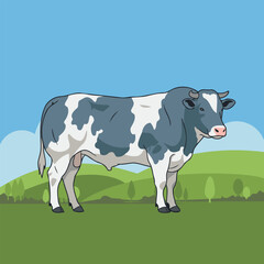 Muscular Belgian Blue Bull Standing in Green Pasture Beef Cattle Animal Character Vector Illustration