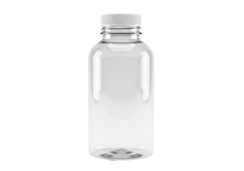 perfectly rendered empty clear plastic pet cylindrical bottle with a secured silver screw-cap lid, pristine surface texture, isolated on a seamless high-key white studio background, commercial