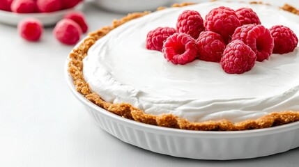 yogurt probiotic dessert concept. Creamy raspberry pie topped with fresh raspberries in a white dish, set against a light background.