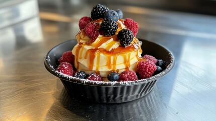 yogurt probiotic dessert concept. Delicious dessert featuring a stack of pancakes topped with caramel sauce and an assortment of fresh berries.