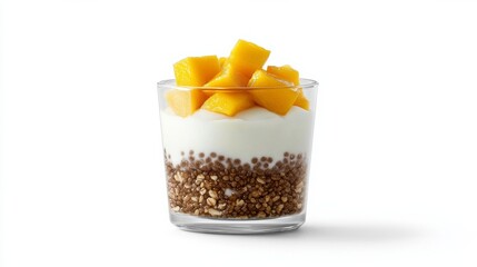 yogurt probiotic dessert concept. A glass dessert featuring layers of yogurt, quinoa, and fresh mango chunks on top.