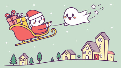 Obraz premium Cute cartoon bunny Santa in sleigh pulled by flying ghost over village.