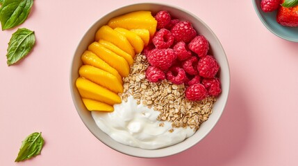 yogurt probiotic dessert concept. A vibrant bowl of yogurt topped with mango slices, raspberries, granola, and a touch of mint on a pink background.