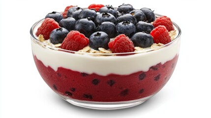 yogurt probiotic dessert concept. Delicious dessert bowl layered with yogurt, oatmeal, raspberry, and topped with blueberries and raspberries.