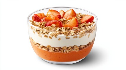 yogurt probiotic dessert concept. A layered dessert featuring yogurt, granola, and strawberries in a clear glass bowl.
