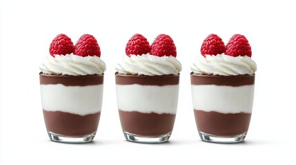 yogurt probiotic dessert concept. Delicious chocolate mousse cups topped with whipped cream and fresh raspberries, arranged in a row.