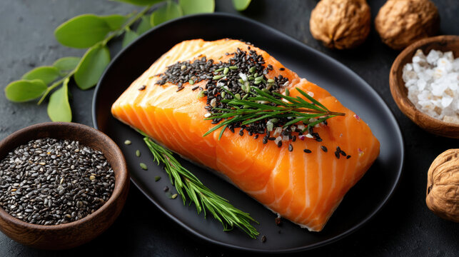 Salmon fish rich in nutrients for hair growth served with black sesame seeds and rosemary on black plate for healthy eating