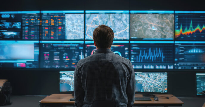 Man monitoring multiple digital screens in a high-tech control room, analyzing data, maps and system performance for surveillance, cybersecurity, or logistics management. - Powered by Adobe
