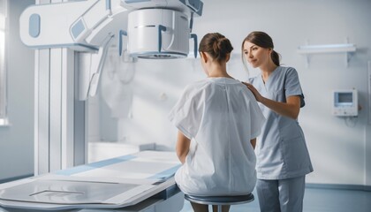 Smiling doctor prepairing woman before doing mammogram xray to check for breast cancer at hospital