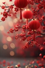 Festive 3D Chinese New Year banner with a realistic style. Features red lanterns, golden coins, firecrackers, and decorative cherry blossoms.