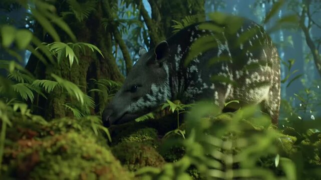 Close-up footage of a tapir animal navigating through a dense, lush green rainforest habitat, captured in a natural setting