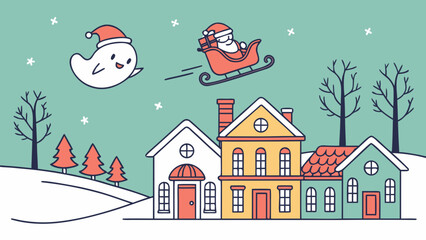A whimsical winter scene with houses, a ghost in a Santa hat, and Santa Claus flying in his sleigh over a snowy landscape.