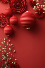 Flat 3d Chinese New Year banner with minimalist style. Simple geometric lanterns and gold accents on a red background.