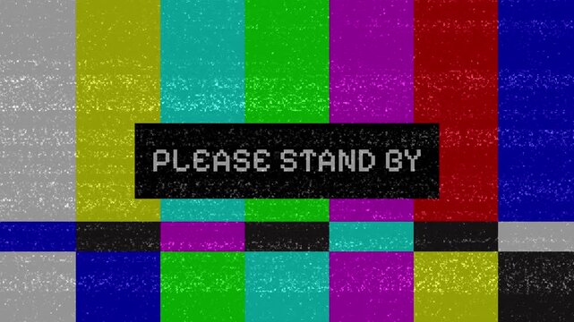 Retro TV screen displaying colorful vertical bars and snowy static, with 'PLEASE STAND BY' message.