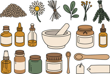 Herbal medicine illustration set, apothecary jars dried herbs flowers seeds mortar bottles, minimalist natural remedy collection