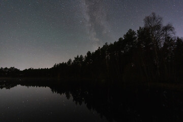Milky Way arch over dark forest and still lake water reflection in stunning Estonian night...