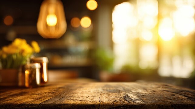 Rustic wooden table in a warm cozy restaurant setting - Powered by Adobe