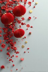 Festive 3D Chinese New Year banner with a realistic style. Features red lanterns, golden coins, firecrackers, and decorative cherry blossoms.