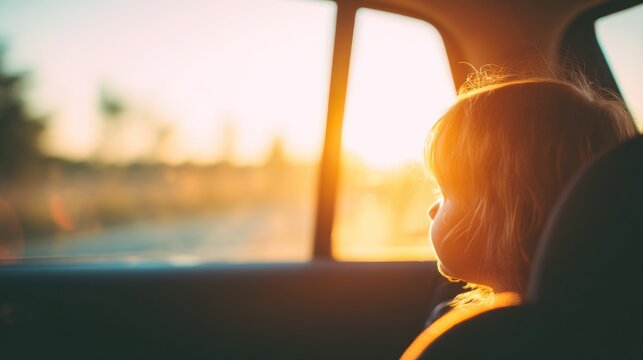 Young child looks out car window at golden sunset