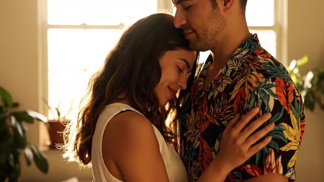 Romantic couple embracing intimately with closed eyes bathed in warm light