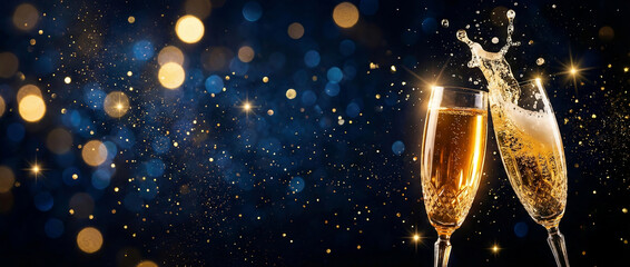 Fototapeta premium Happy New Year - Champagne Toast Celebration - Goblets With Golden Glittering On Blue Abstract Background With Defocused Bokeh Lights.