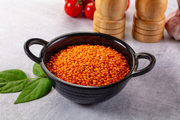 Raw dry red lentil in the bowl