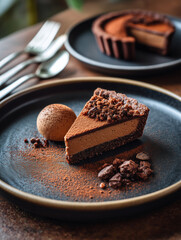 Delicious chocolate tart slice serving with scoop