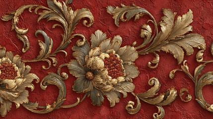 An elegant floral relief pattern in gold against a rich red background