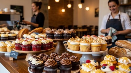 Delicious Assortment of Cupcakes and Baked Goods on Display in a Bustling Bakery with Staff Working in the Background.