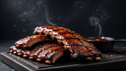 Delicious BBQ Pork Ribs Glazed with Smoky Sauce.