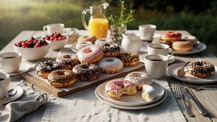 Delicious Assortment of Frosted Donuts and Berries on a Table.