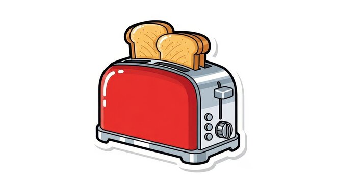 Red kitchen appliance preparing slices of browned bread for breakfast